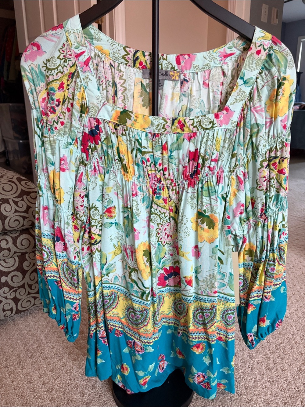 Boho Floral Peasant Top - Mint with Multi-Color Floral Print